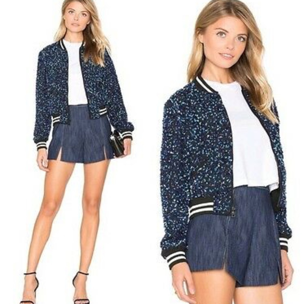 Alice + Olivia Lonnie Blue Sequin Varsity Bomber Jacket size Small